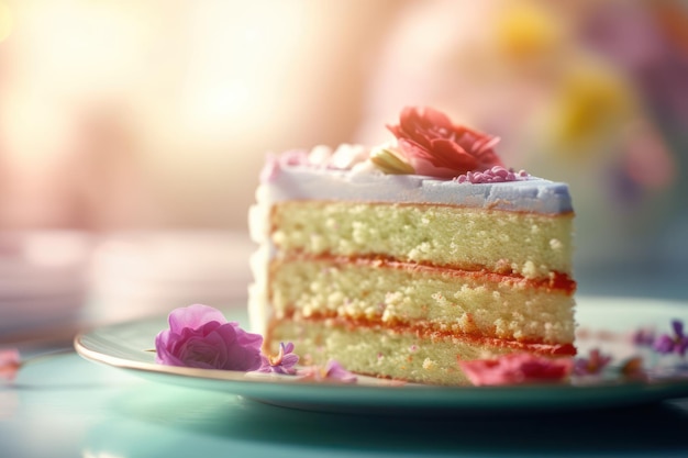 Een plak cake met roze glazuur en een bloem erop