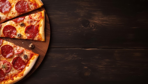 Een plak pepperoni-pizza wordt in tweeën gesneden en op een tafel geplaatst