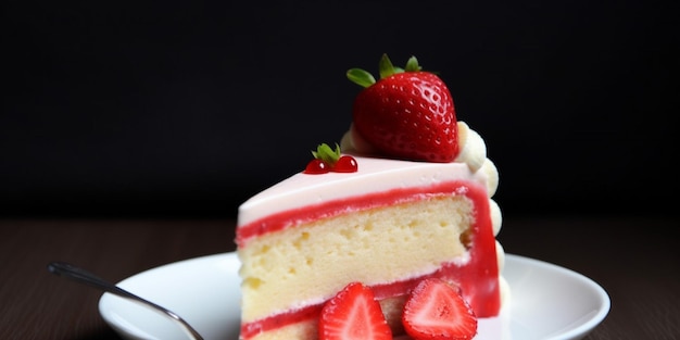 Een plakje aardbeiencheesecake met daarop een aardbei