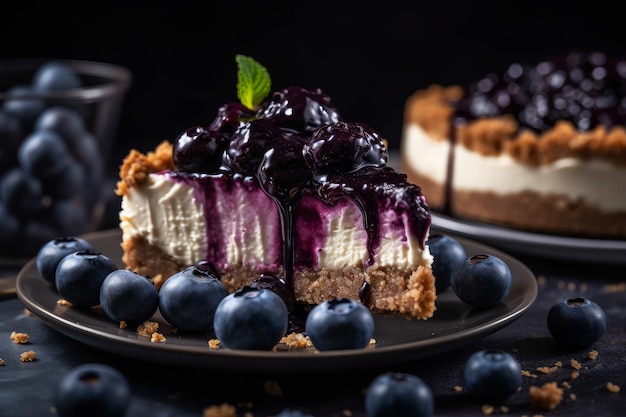 Een plakje bosbessen cheesecake met bosbessensaus