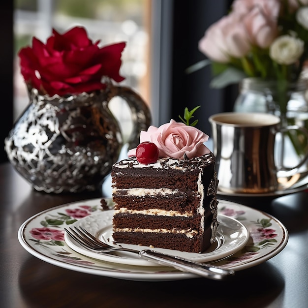 Foto een plakje cake ligt op een bord met bloemen op de achtergrond.