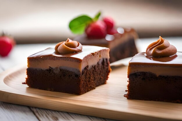 Een plakje cake met chocoladeglazuur en een kers erop.