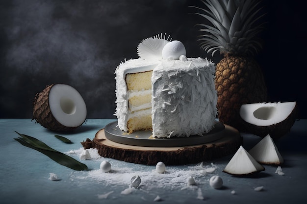 Een plakje cake met een ananas erbij