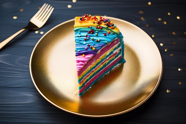 een plakje cake met regenbooghagelslag erop
