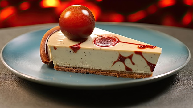 een plakje cheesecake met een tomaat erop