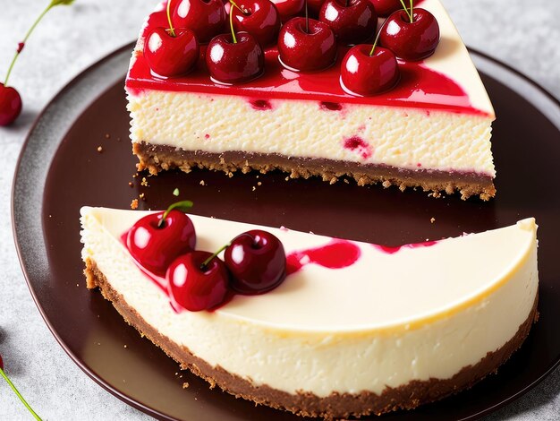 Een plakje cheesecake met kersen erop