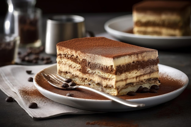 Een plakje chocolademousse cake op een bord met koffiebonen aan de zijkant.