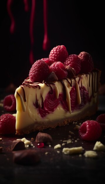 Een plakje frambozen cheesecake met frambozen erop