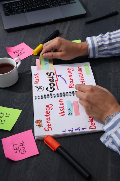 Foto een plan van doelen in een notitieboek op een tafel met papieren