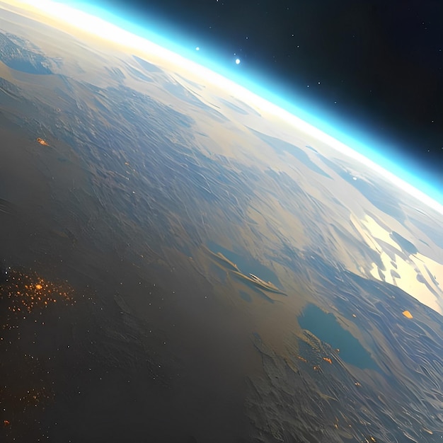 Een planeet aarde met een blauwe gloed en een stad op de achtergrond.