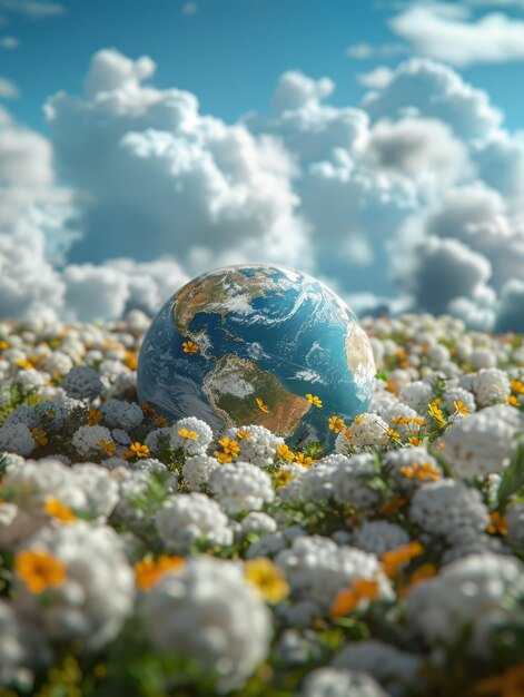 Foto een planeet aarde omringd door bloemen en wolken.