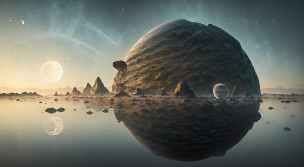 Foto een planeet die in de warme gloed van zijn enorme maan wordt gebaderd.