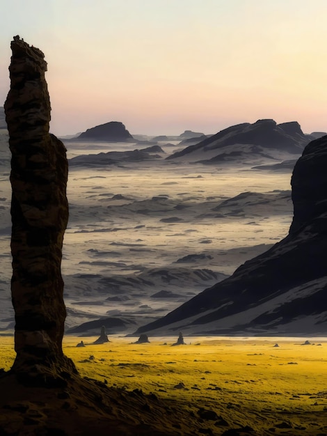 een planeet in de ruimte met rotsenwoestijn met gemengde vlaktes en een filmhorizon met weinig mensen