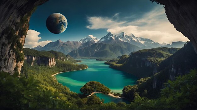 Een planeet loomt groot in de lucht over een bergachtig landschap met een meer op de voorgrond