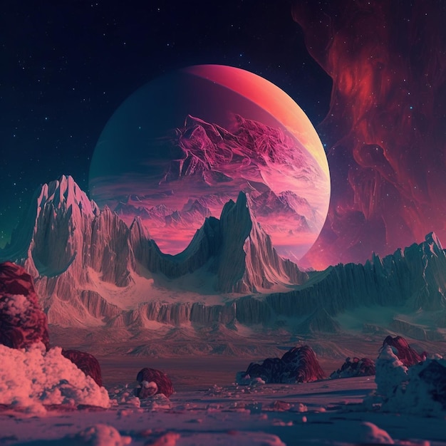 Een planeet met een roze en blauwe planeet op de achtergrond