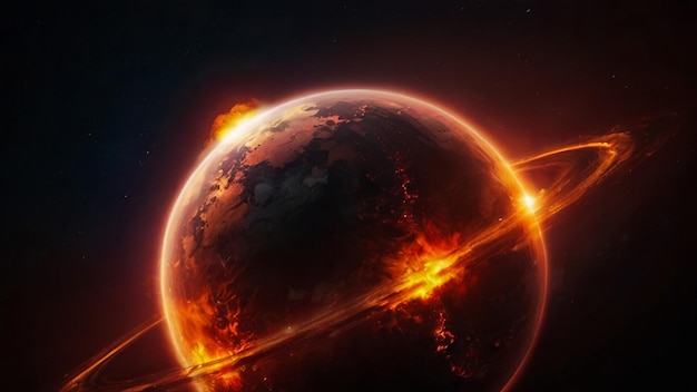 een planeet met een vurige gloed en de aarde op de achtergrond