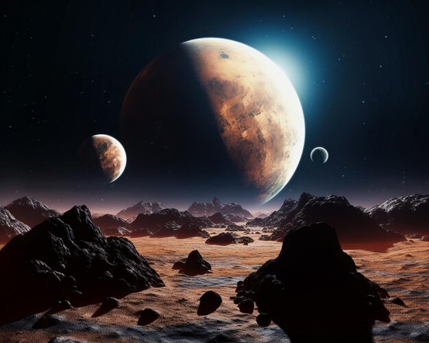 Een planeet met twee manen en een maan op de achtergrond