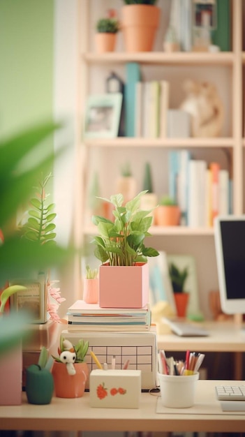 een plank met een plant en een laptop erop