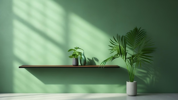 een plank met planten erop en een groene muur.