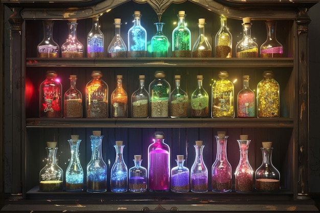 Een plank vol kleurrijke flessen met een regenboog van kleuren