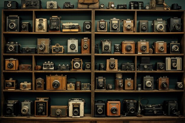 Een plank vol met veel ouderwetse camera's