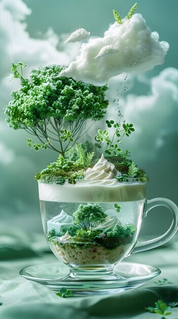 Foto een plant die groeit in een theekop met water als een miniatuur natuurlijk landschap