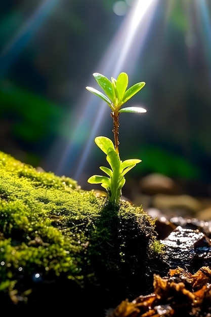 Een plant die groeit op een bemoste rots waar de zon doorheen schijnt.