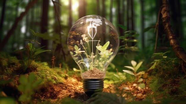 Een plant die in een gloeilamp groeit met het concept van Earth Saving Technology-methoden