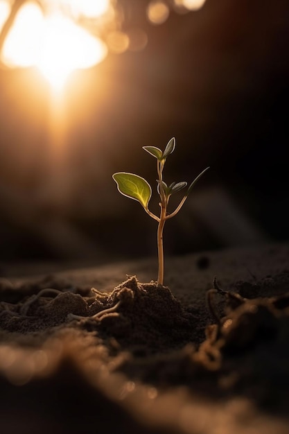 Een plant die ontkiemt in het zand