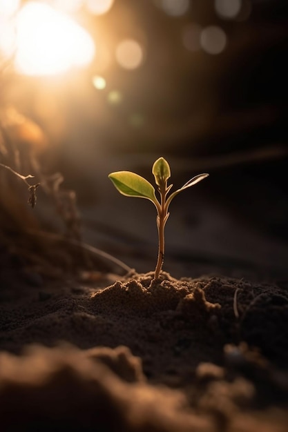 Een plant die ontkiemt in het zand