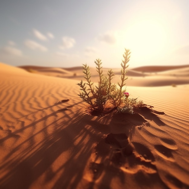 een plant die uit het zand in de woestijn groeit.