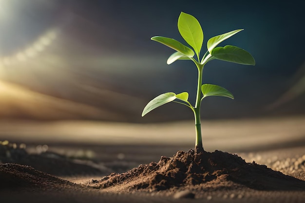 Een plant groeit in het zand met daarachter de zon