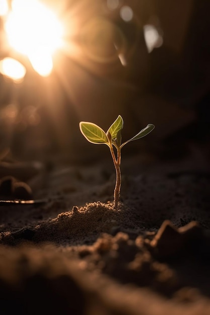 Een plant groeit in het zand met daarachter de zon