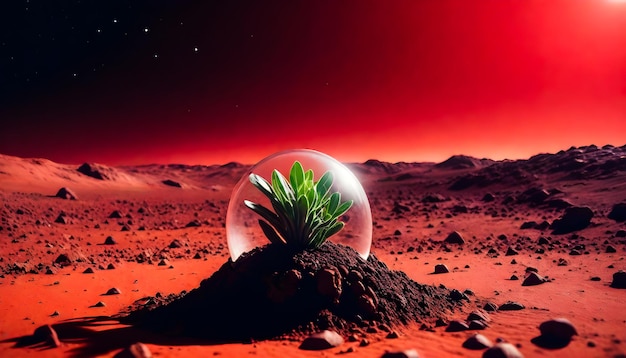 Een plant in een bubbel die is in de planeet Mars kolonisatie