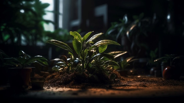 Een plant in een donkere kamer waar licht op schijnt