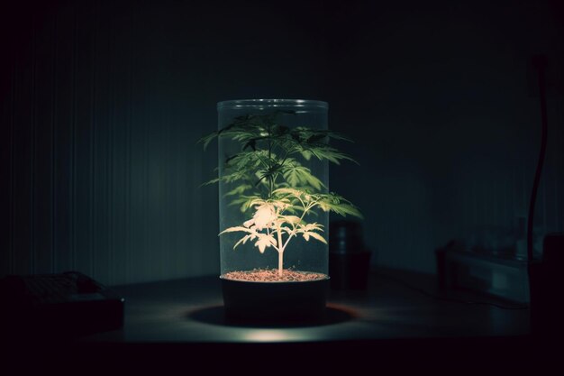 Een plant in een glazen pot met een lampje erop generatieve ai