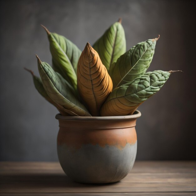 Foto een plant in een keramische pot met een bruine achtergrond.