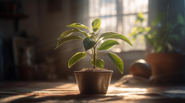 Een plant in een pot op een tafel voor een raam