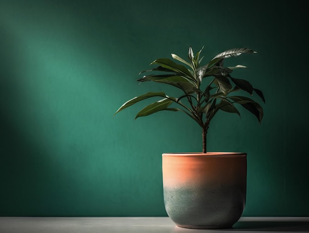 Een plant in een pot staat op een tafel voor een groene muur.