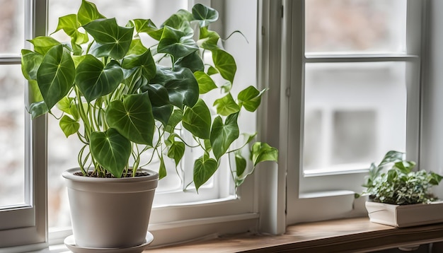 een plant in een pot zit op een vensterbank