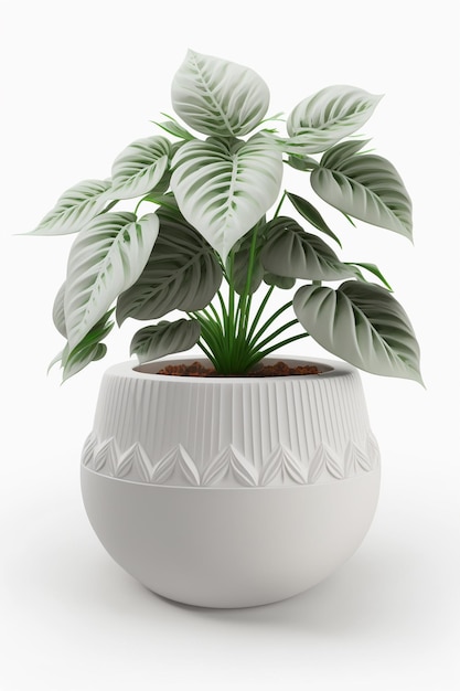 Foto een plant in een witte pot met een bladmotief erop.