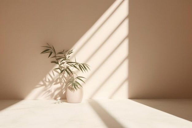 Een plant in een witte pot staat op een tafel voor een muur met een potplant.