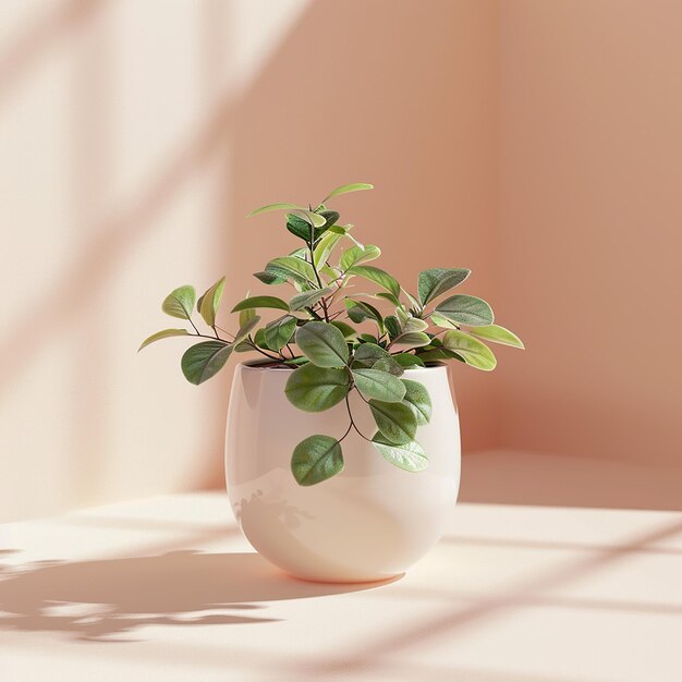 een plant in een witte pot zit op een tafel