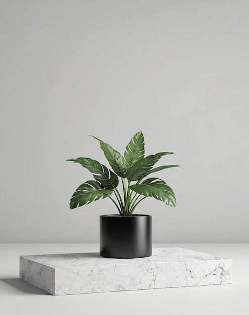 een plant in een zwarte pot op een marmeren blok