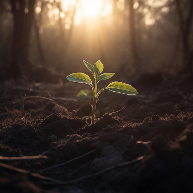 Een plant in het bos met de zon die door de bomen schijnt