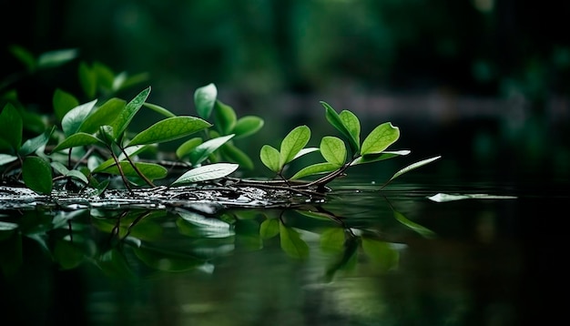 Een plant in het water met bladeren eraan