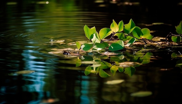 Een plant in het water waar bladeren op drijven