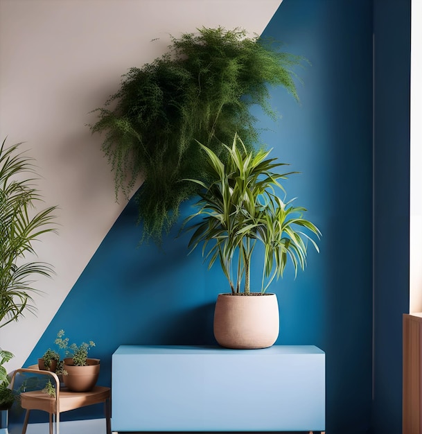 een plant is in een pot op een blauwe plank