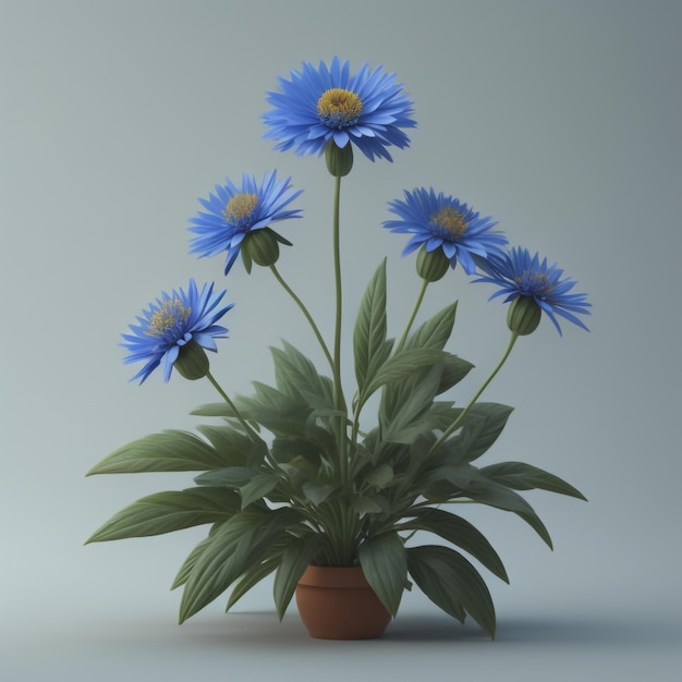 Een plant met blauwe bloemen in een pot met een witte achtergrond.
