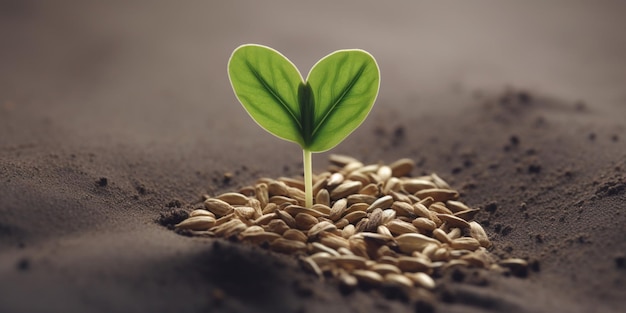 Een plant met een groen blad erop groeit in een stapel zaden.